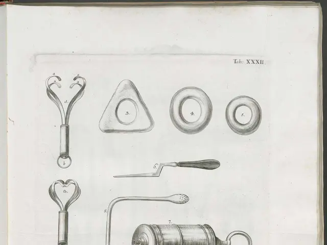 The image shows an open book with a drawing of various medical instruments on it. The book is...