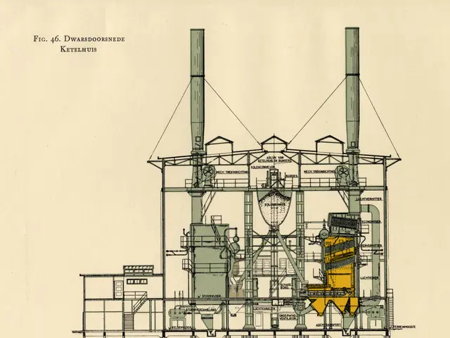 The image shows a drawing of a factory with a lot of pipes and text written on it. The drawing is...