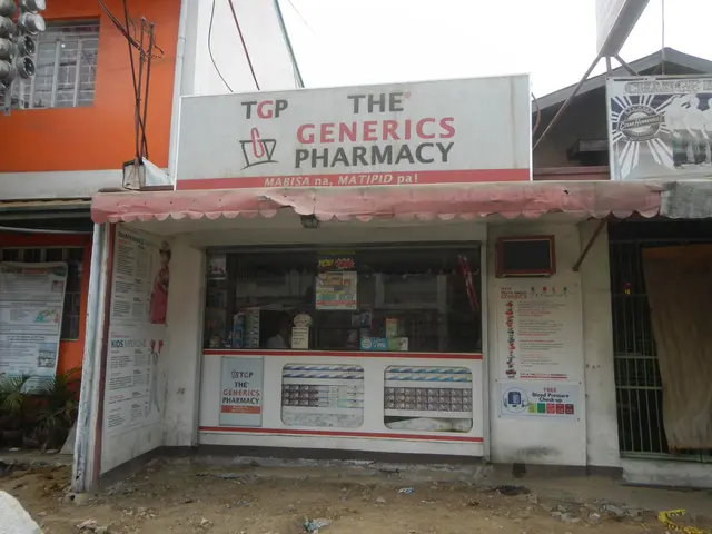 The image shows a pharmacy with a sign that reads "The Generics Pharmacy" surrounded by buildings,...