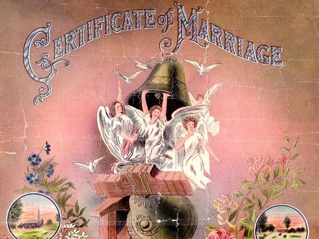 The image shows an old certificate of marriage with a picture of a man and woman on it. The...