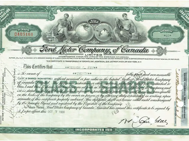 The image shows an old stock certificate from the Ford Motor Company of Canada, with text and...