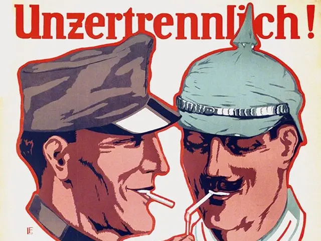The image shows a German propaganda poster featuring two men wearing caps and smoking cigarettes....