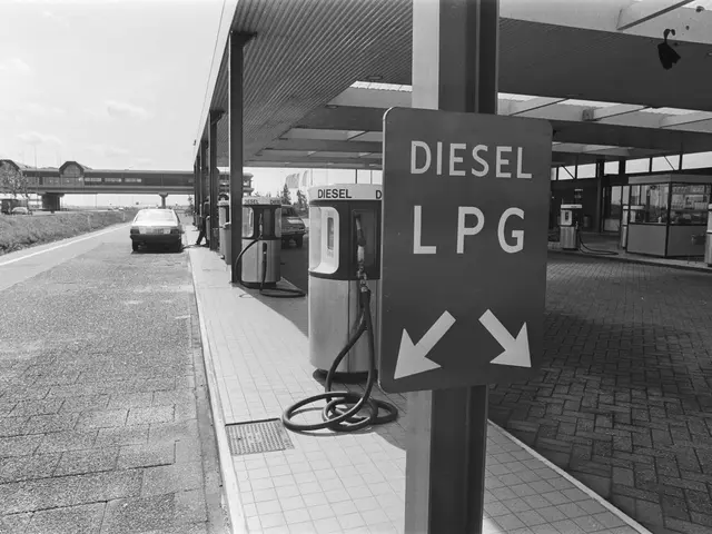 The image shows a black and white photo of a gas station with a sign that reads "Diesel LPG" and a...