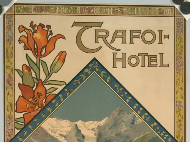 The image shows a poster advertising a hotel in the Swiss Alps, featuring a picture of a building,...