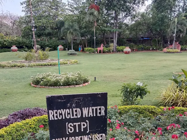 The image shows a garden with a sign that reads "Recycled Water (STP) Only Being Used for...