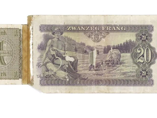 The image shows an old book with a bunch of old German banknotes on it. The banknotes are of...