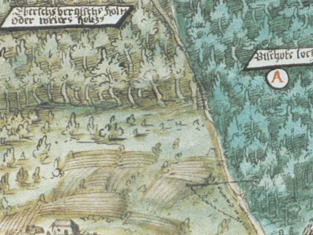 The image shows an old map of the city of London, England, with trees, houses, and text. The map is...