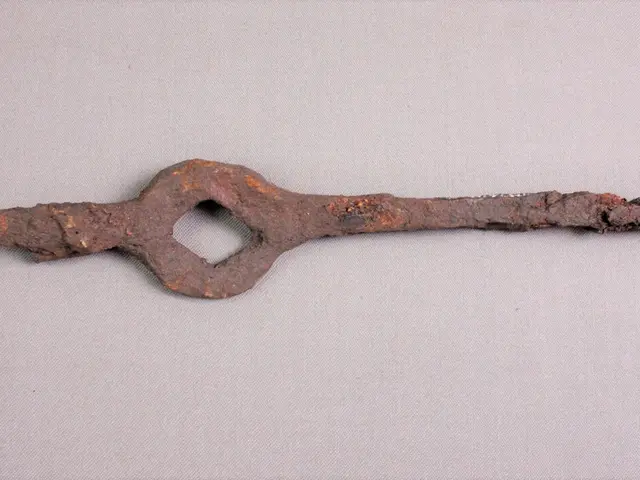 The image shows an old rusty metal key on a white surface. The key is brown in color and appears to...