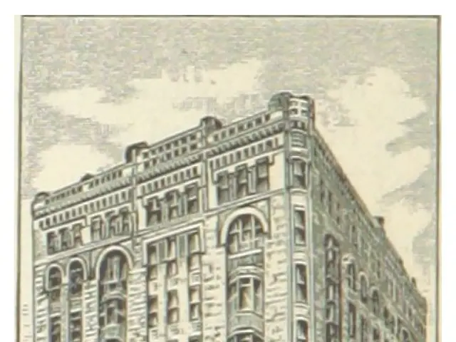 The image shows a poster of the Sioux City Union Loan and Trust Co. building, with a few people...