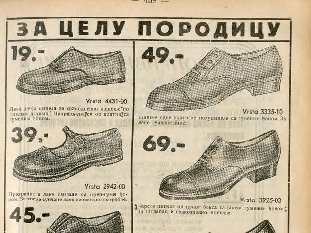 The image shows an old book with a variety of shoes on it, along with text and numbers. The shoes...