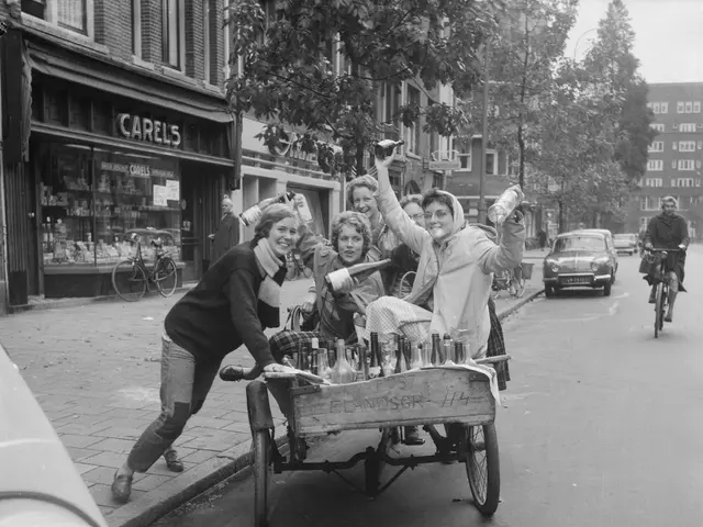 The image shows a group of people riding on the back of a tricycle, with bottles in the cart. In...