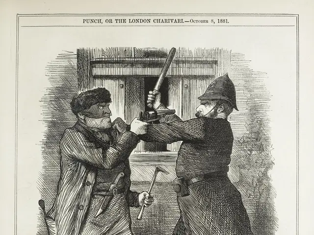 The image shows two men standing and holding guns in their hands, with a door in the background. At...