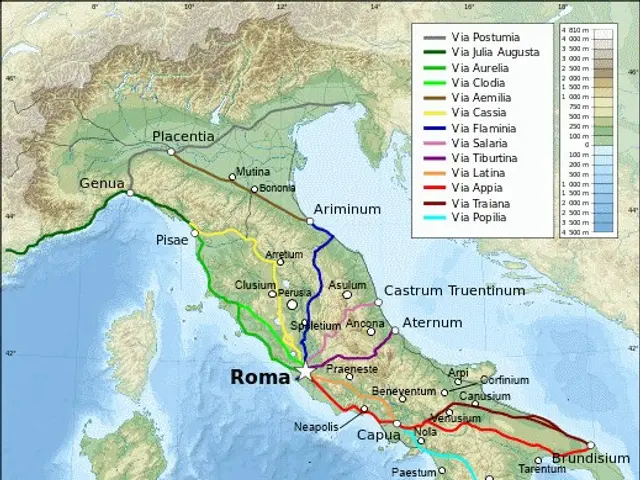 The image shows a poster of a map of Italy with the route of the Roman Empire highlighted. The map...