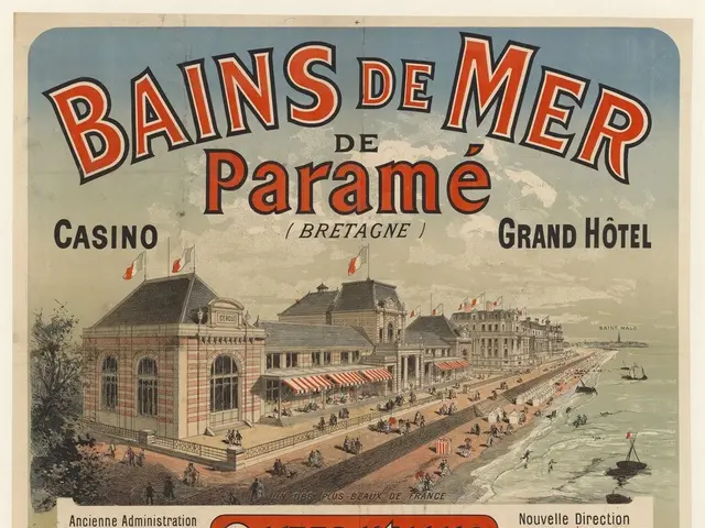 The image shows a poster advertising the Bains de Mer Casino and Grand Hotel in Bretagne, France....