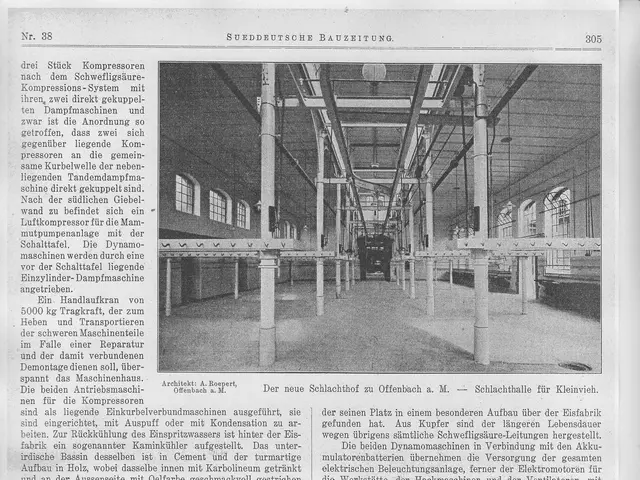The image shows a black and white photo of a factory with a paper containing pictures and text. The...