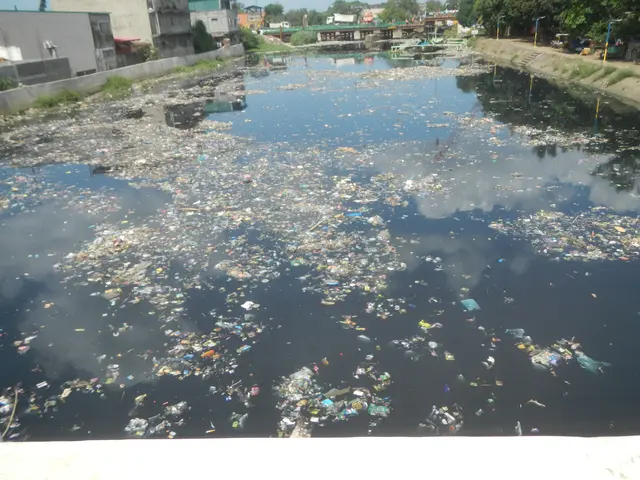 The image shows a river filled with lots of trash in the middle of a city, surrounded by buildings,...