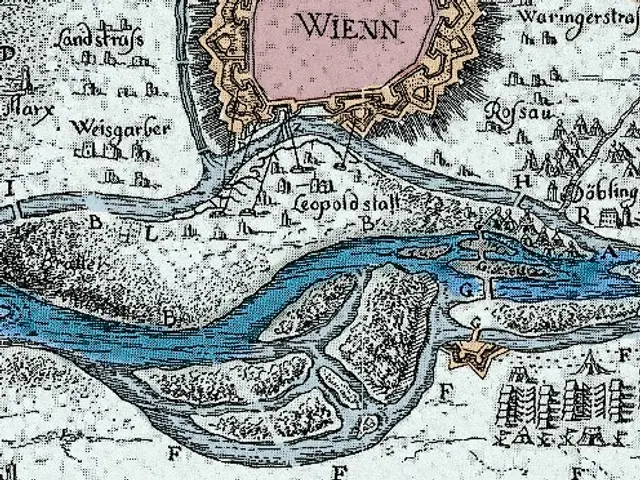 The image shows an old map of the city of Vienna, Austria, with a river running through it. The map...