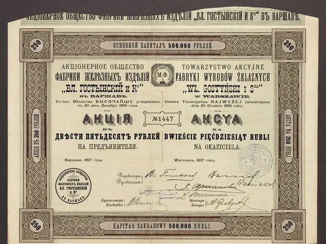 The image shows an old stock certificate issued by the Russian government on a black background....