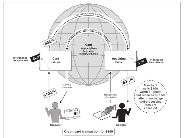 The image shows a diagram of a credit card transaction for $100, with a globe in the center and...