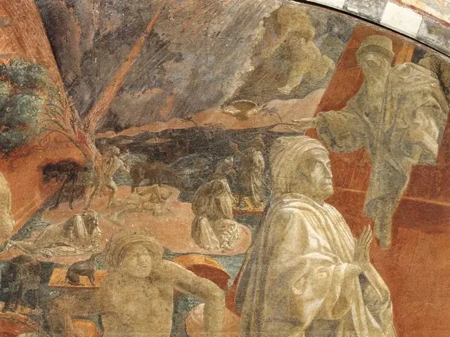 The image shows a fresco on the ceiling of a church in Italy depicting the baptism of Christ. The...