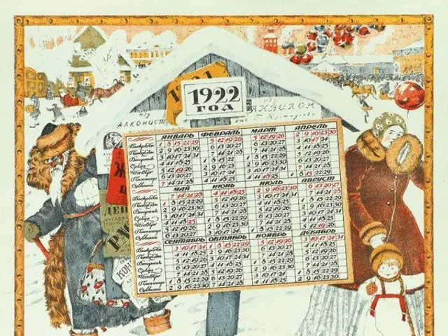 The image shows an old Russian calendar with a picture of Santa Claus and a child in the snow. The...