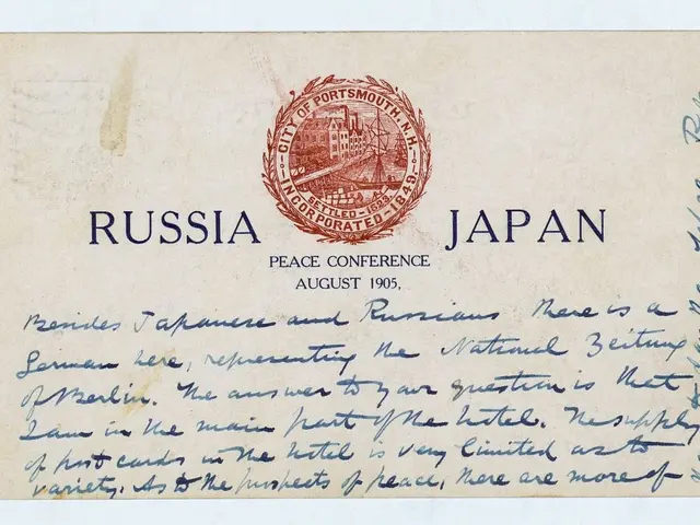 The image shows an envelope with a stamp on it that reads "Russia and Japan Peace Conference" and a...