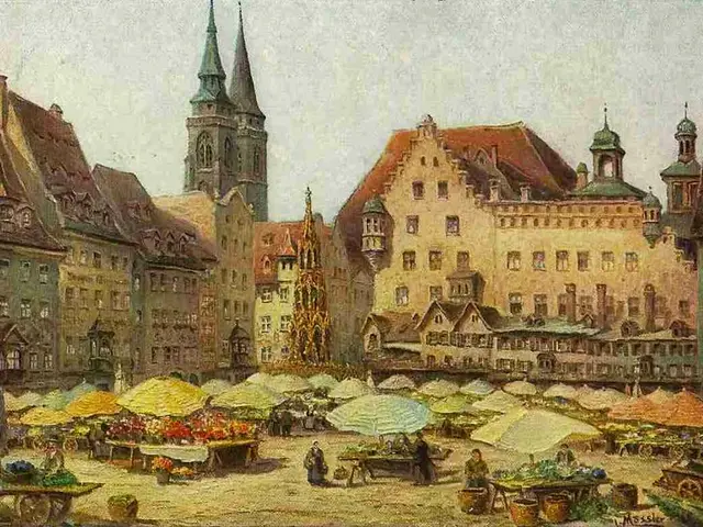 The image shows an old postcard of a bustling market in the old town of Gdansk, Poland. We can see...