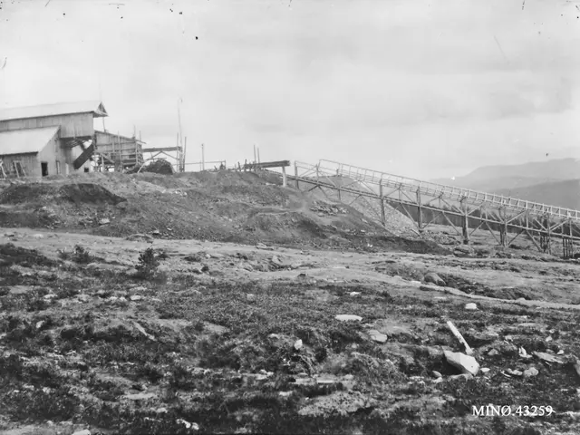 The image shows a black and white photo of a construction site with a house, poles, a bridge,...