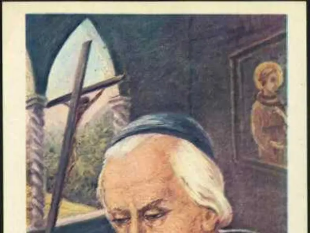 The image shows a poster of B. Tommaso da Celano, a Catholic saint, with a human face in the...