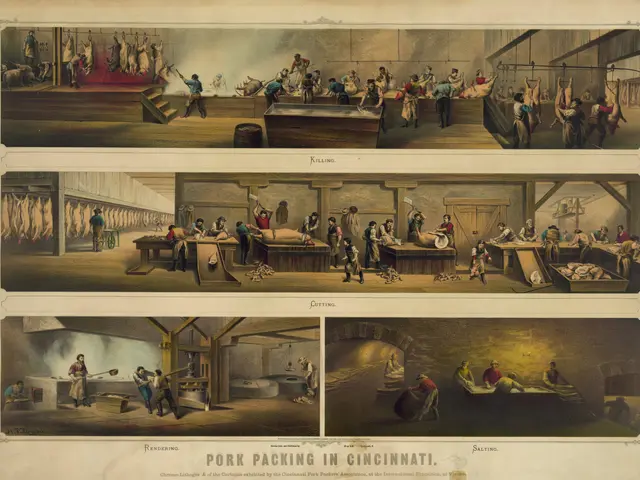 The image shows a poster depicting a scene of pork packing in Cincinnati. It features a group of...