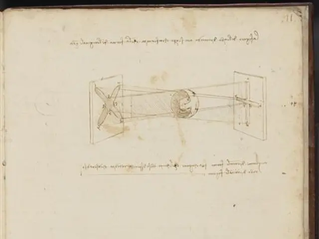 The image shows an open book with a drawing of a plane on it, which is believed to be Leonardo da...
