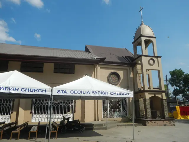 The image shows St. Cecilia Parish Church in Cebu City, Philippines. It is a building with windows...