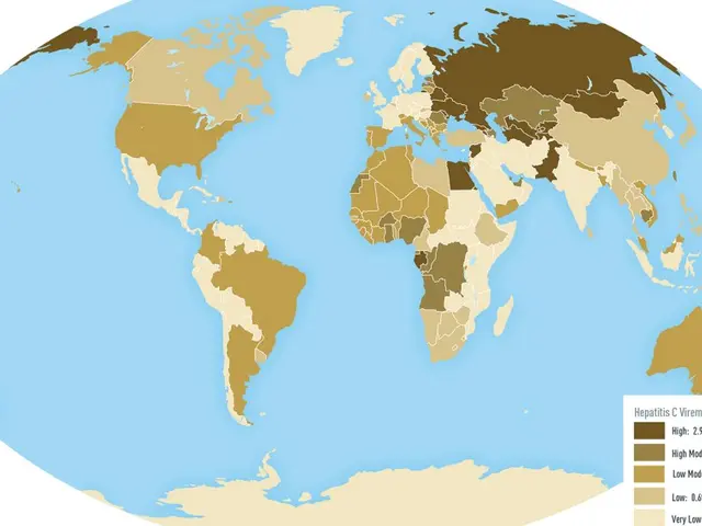 The image shows a map of the world with different colors representing the percentage of people...