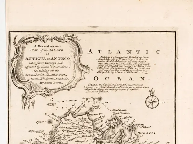The image shows an old book with a map of the Atlantic Ocean on it. The map is detailed and shows...