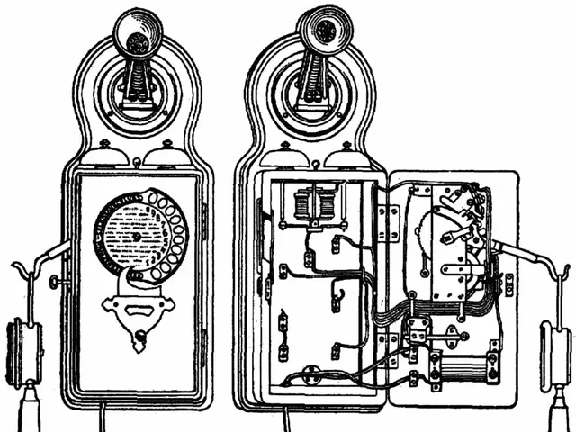 The image shows a drawing of an old fashioned telephone with a cord attached to it. The text at the...