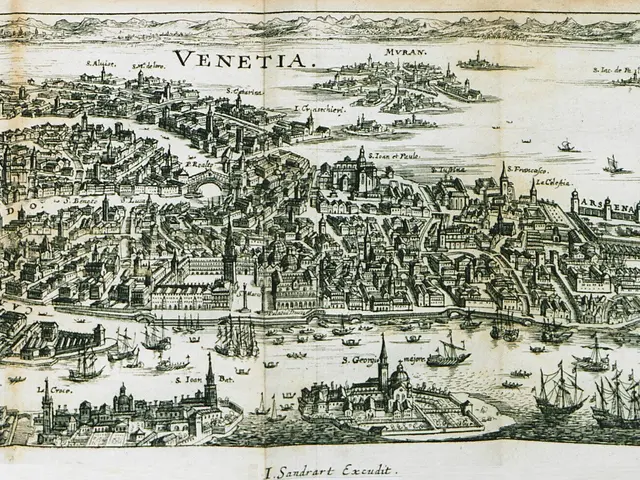 The image shows an old book with a map of Venice on it. The map is detailed and shows the city's...