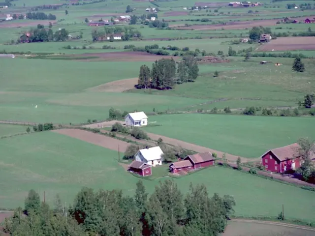 The image shows an aerial view of a farm in the middle of a green field, surrounded by trees,...
