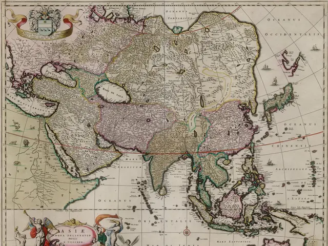 The image shows a poster of a map of Asia and Southeast Asia, with text and pictures of people at...