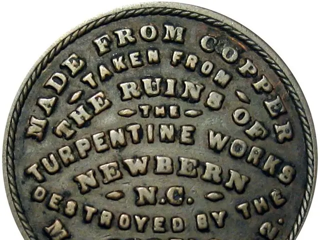 The image shows a silver coin with the words "Made from copper taken from the ruins of the...