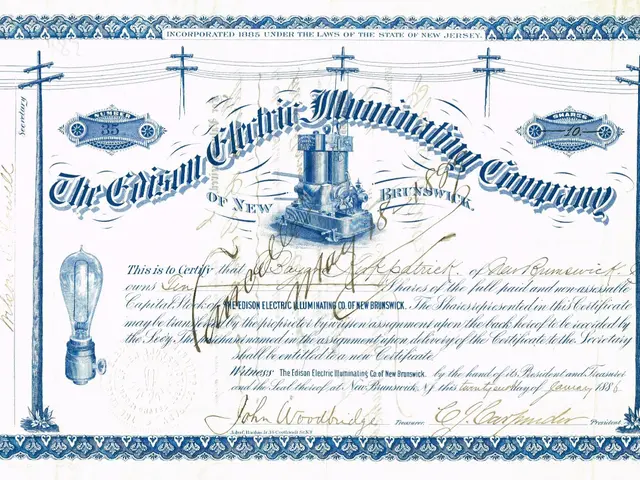 The image shows a blue and white stock certificate with a picture of a train on it. The certificate...
