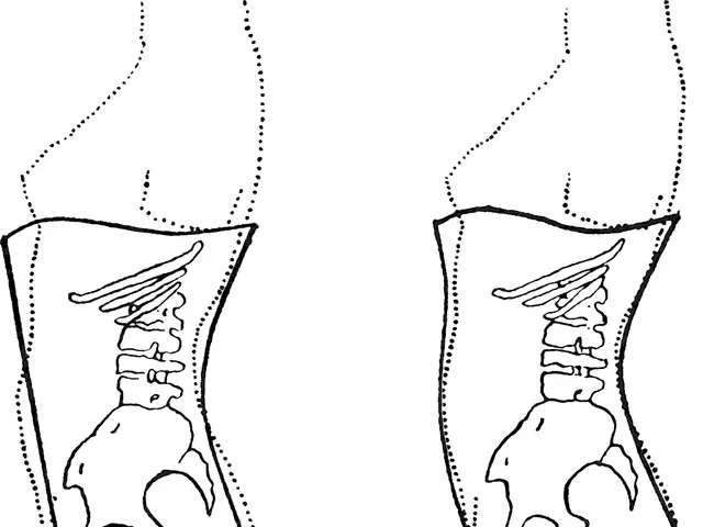 The image shows a drawing of a woman's torso with a line drawing of the cervical spine, along with...