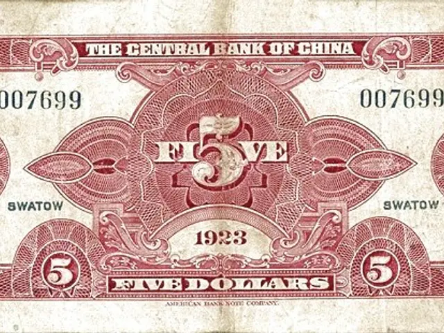 The image shows a 1923 five dollar banknote from the Central Bank of China. It is a paper currency...