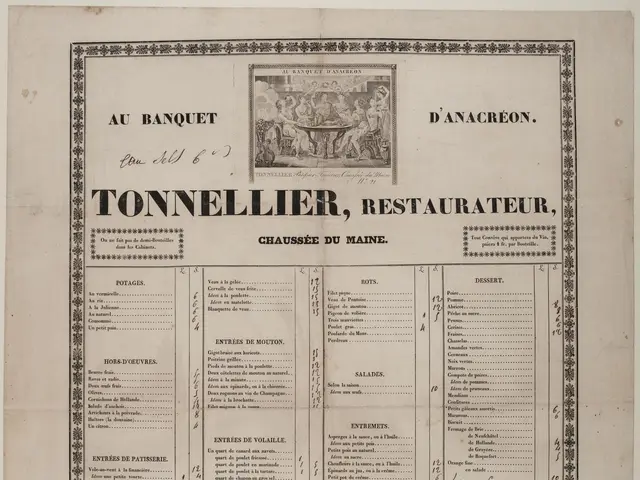 The image shows an old book with a menu for a restaurant on it. The paper has text and a picture on...