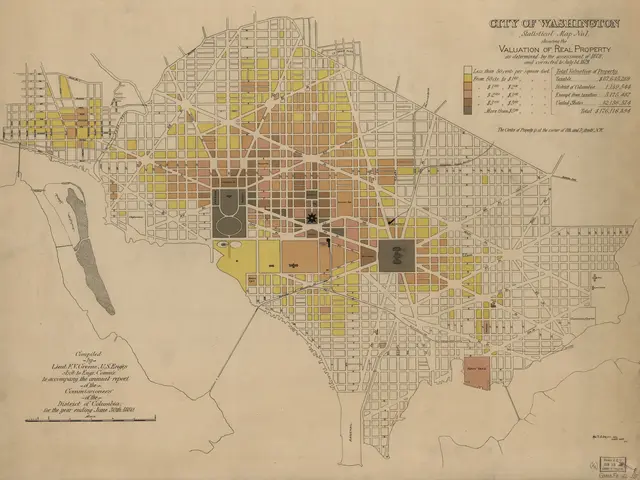 The image shows an old map of the city of Washington, D.C. with text detailing the valuation of...