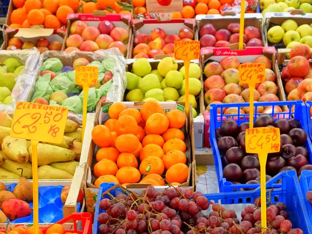 The image shows a market stall filled with a variety of fruits and vegetables, including bananas,...