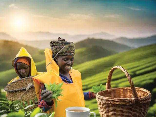 The image shows two women in yellow raincoats picking tea leaves from a tea plantation in Kenya....