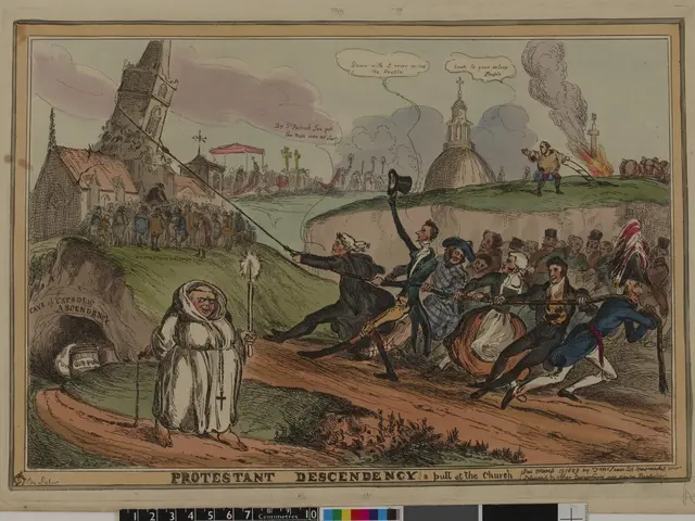 The image shows a cartoon depicting a group of people in a field, with some of them holding objects...