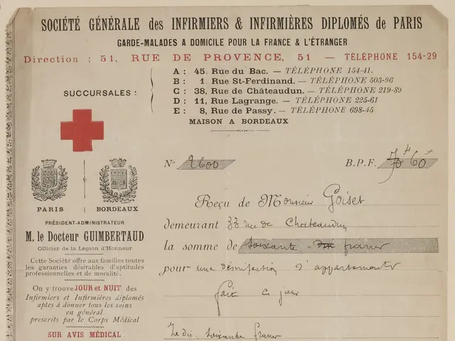 The image shows an old document with a red cross on it, along with text, stamps, and a logo. The...