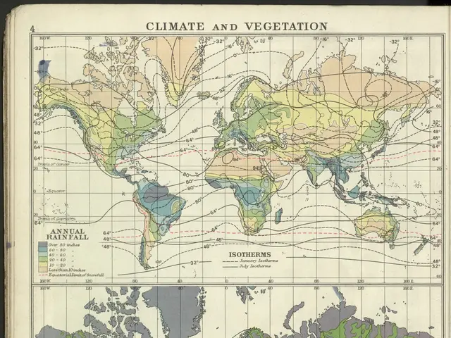 The image shows an old book with a map of the world on it. The map is filled with various shades of...