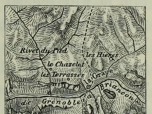 The image shows a black and white drawing of a topographic map of the Rhine River, with text...